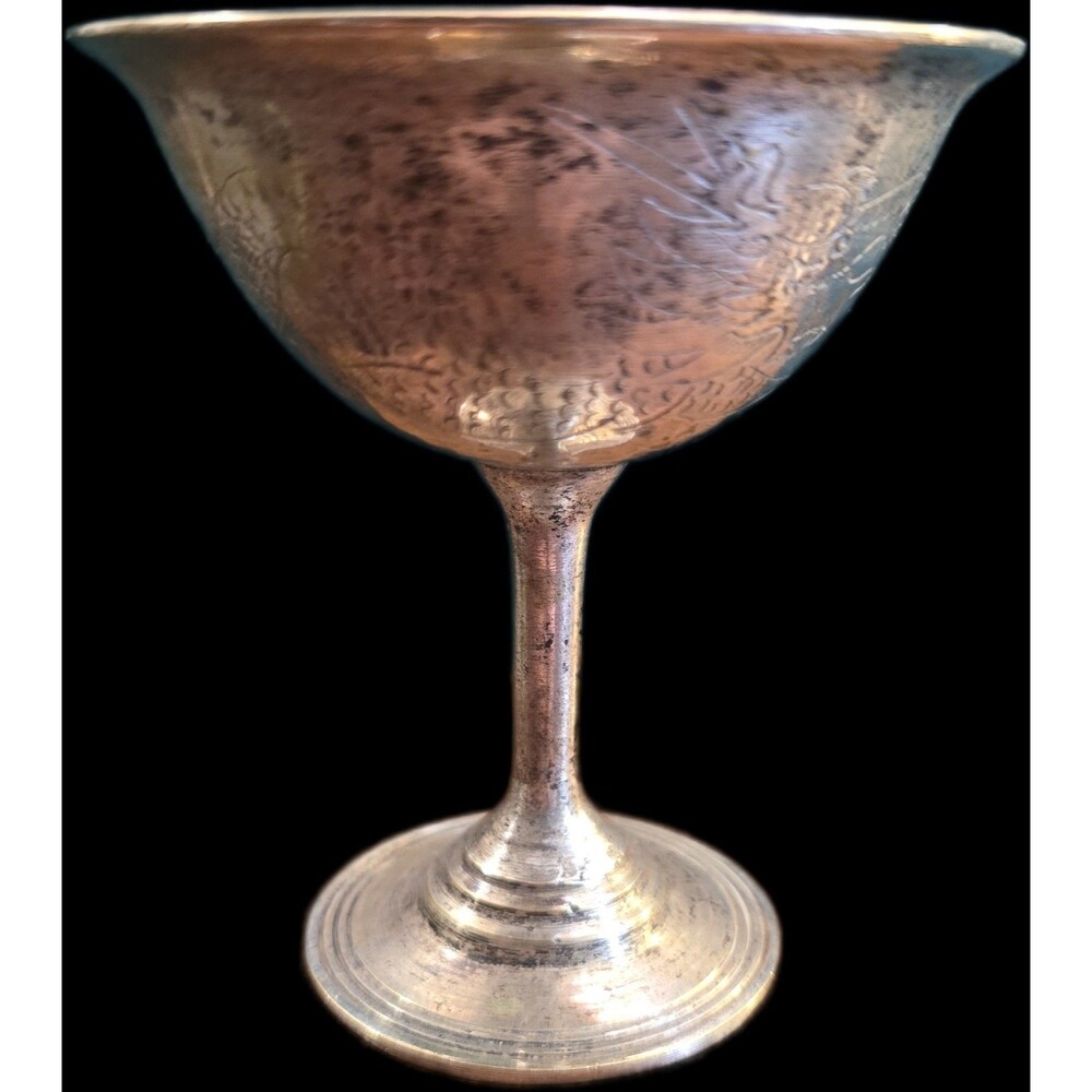 Silver Plated Copper Chalice Goblet  w/ Hand Etched Dragon Motif 4 Oz 2.8" High